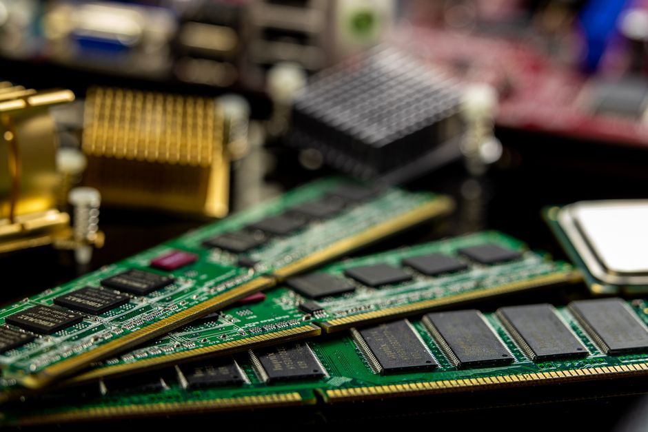 Detailed view of memory hardware and microprocessors on a motherboard.