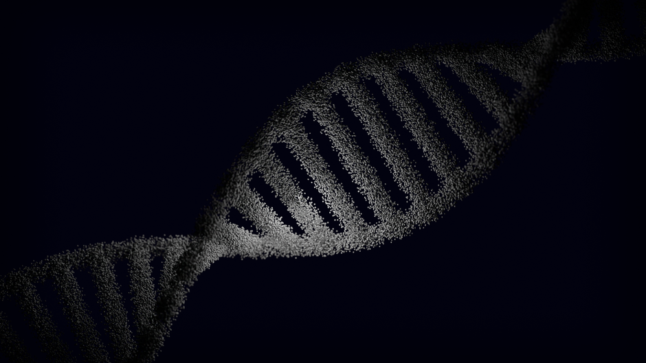 Abstract rendering of a DNA strand with particle effects against a dark background