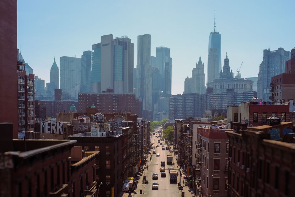 Manhattan skyline and financial district viewed from across the city