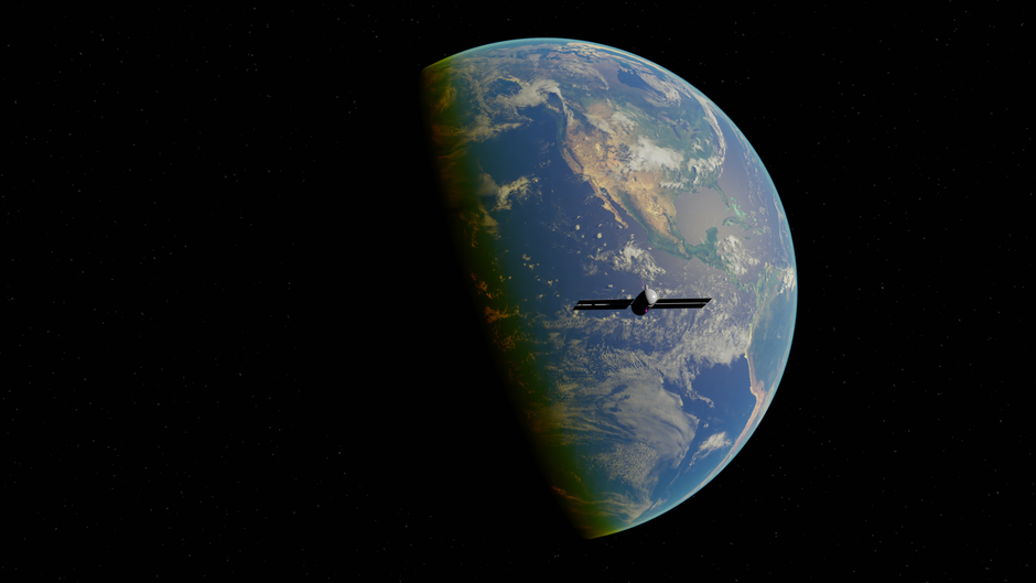 A satellite orbiting above Earth, seen from space with the curvature of the planet below.