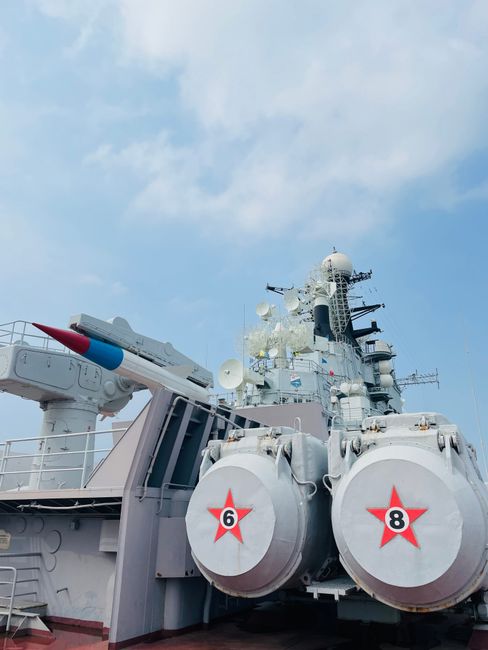 Naval warship with missile launchers
