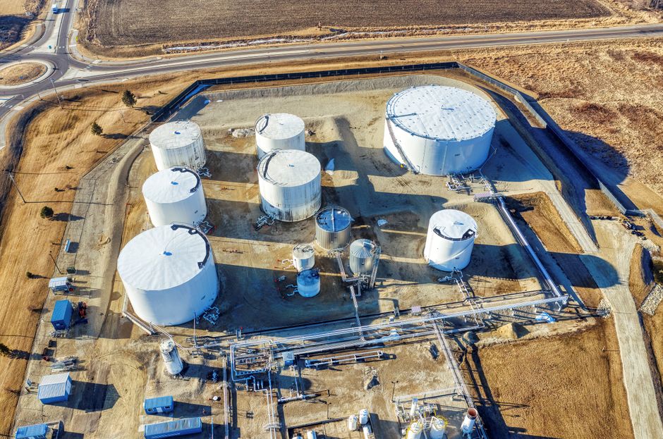 Oil storage tanks and industrial infrastructure viewed from above
