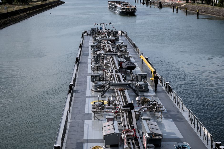 Industrial ship navigating a canal