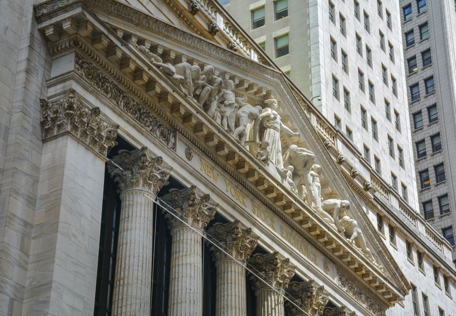 Classic stone-columned facade of the New York Stock Exchange building