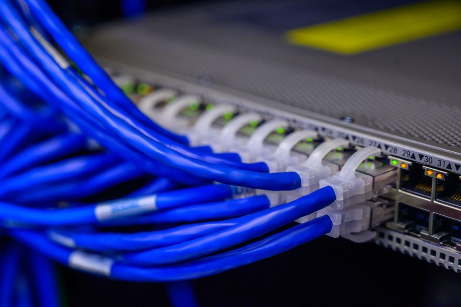 Blue ethernet cables in a data center