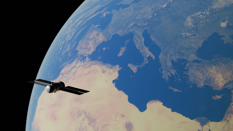 A satellite orbiting Earth, showing the Mediterranean Sea and surrounding landmasses from space