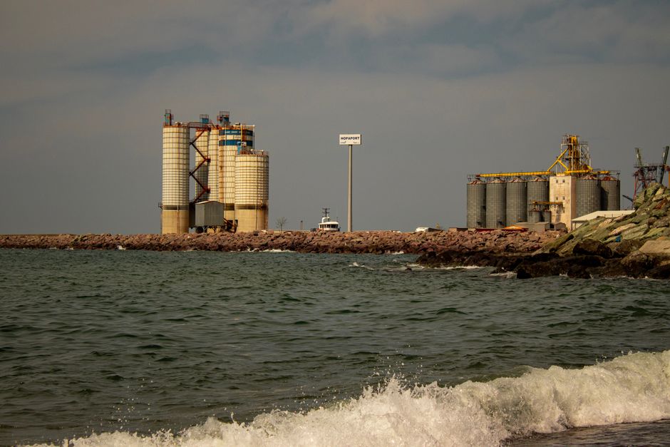 Industrial grain silos at a sea port