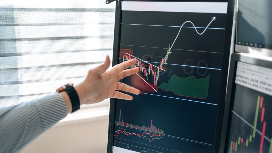 Financial market graphs on a monitor being reviewed in a workspace