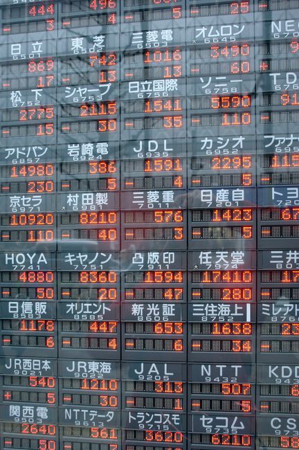 A digital stock market display board showing prices and financial data