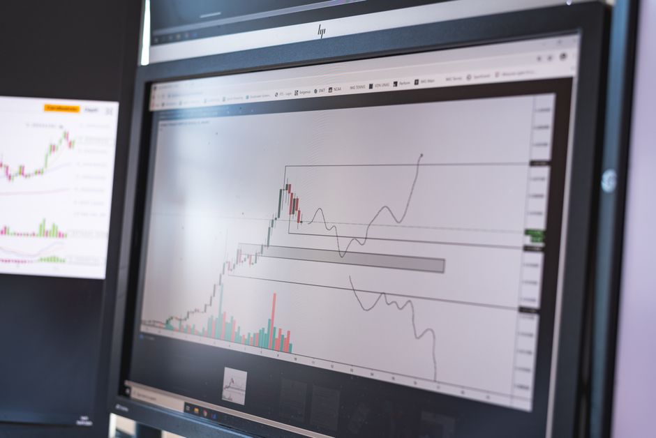 Close-up of a monitor displaying financial market analysis charts and price trends.