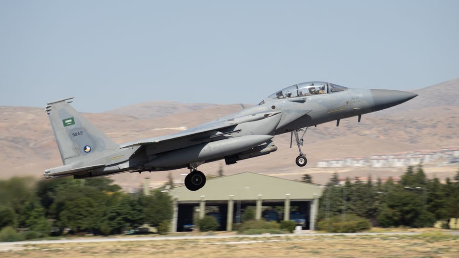 Saudi Arabian F-15 fighter jet taking off from Konya airstrip in Turkey