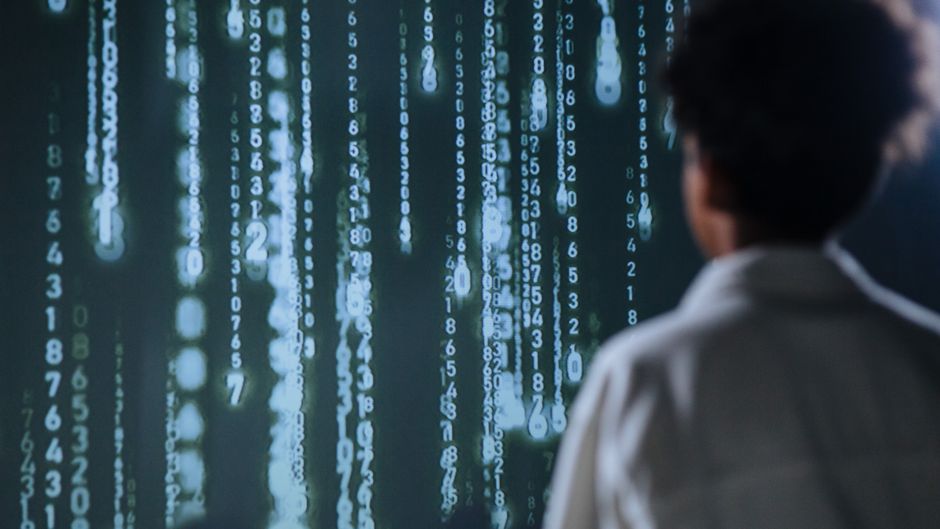An individual studies market data on a large screen as software and growth stocks lead a split Q4 tape.