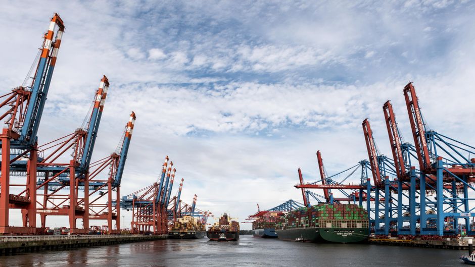 Container ships and gantry cranes at a major port terminal under a cloudy sky.