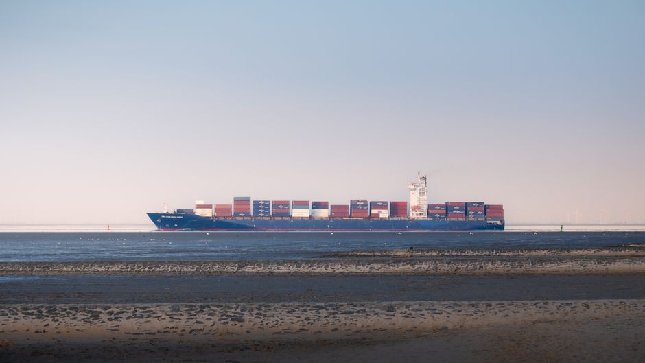 Container ship sailing near a coastline
