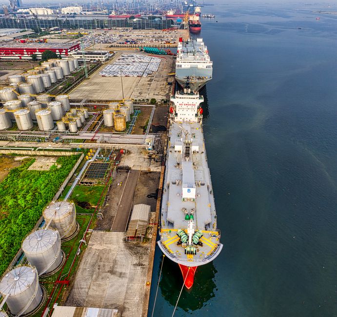 Oil tanker and storage facility aerial view