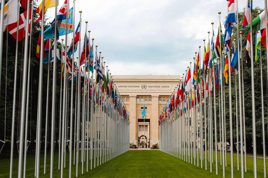 Flags of UN member nations on flagpoles outside the UN headquarters in Geneva.