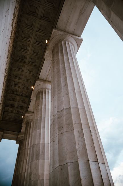 Low angle view of the iconic columns at Lincoln Memorial, Washington DC, USA.
