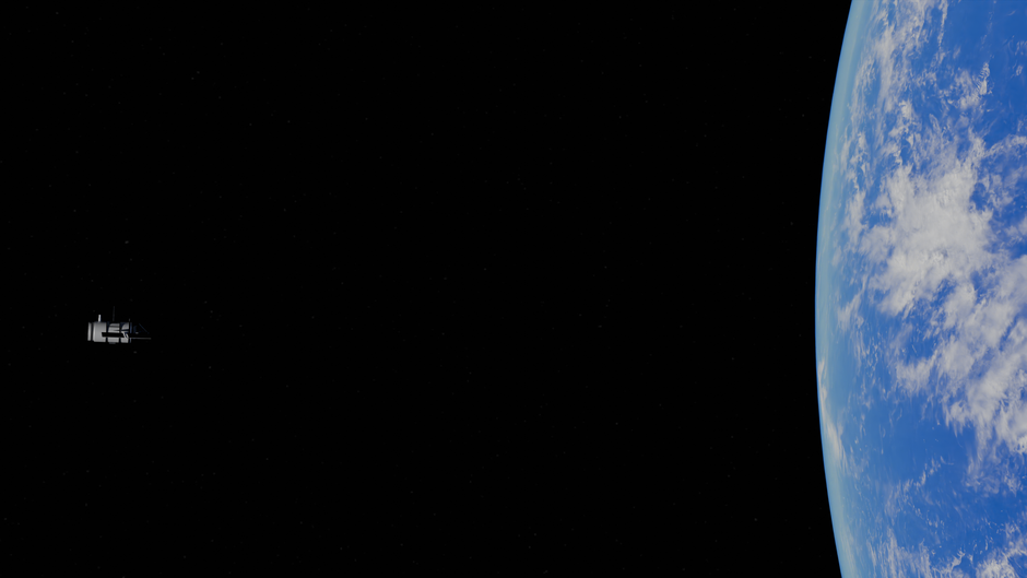 A view of Earth from space with a satellite visible in the foreground against the darkness of space.