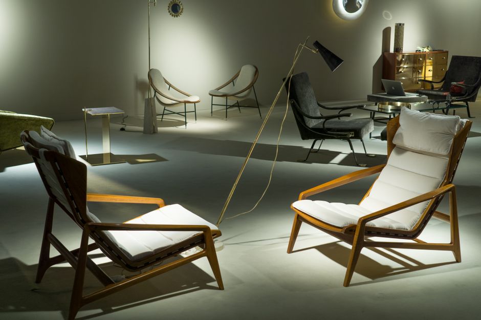 Modern furniture displayed in a contemporary showroom