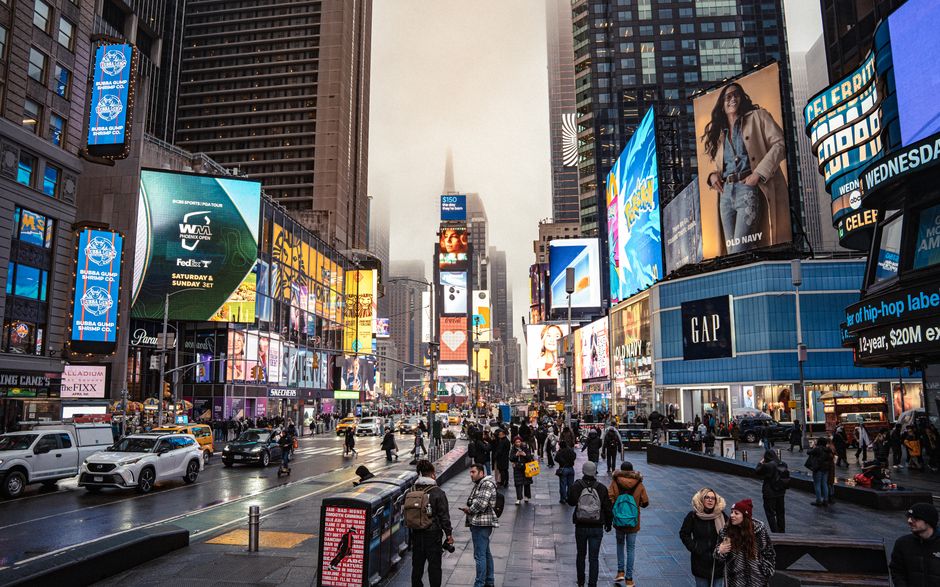 Times Square in New York City, a hub for public-market listings and financial activity