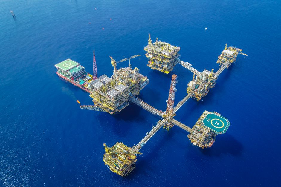 Offshore oil platform in deep blue ocean waters