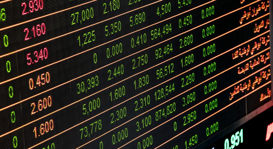 Close-up of a stock market monitor showing financial numbers and market data.