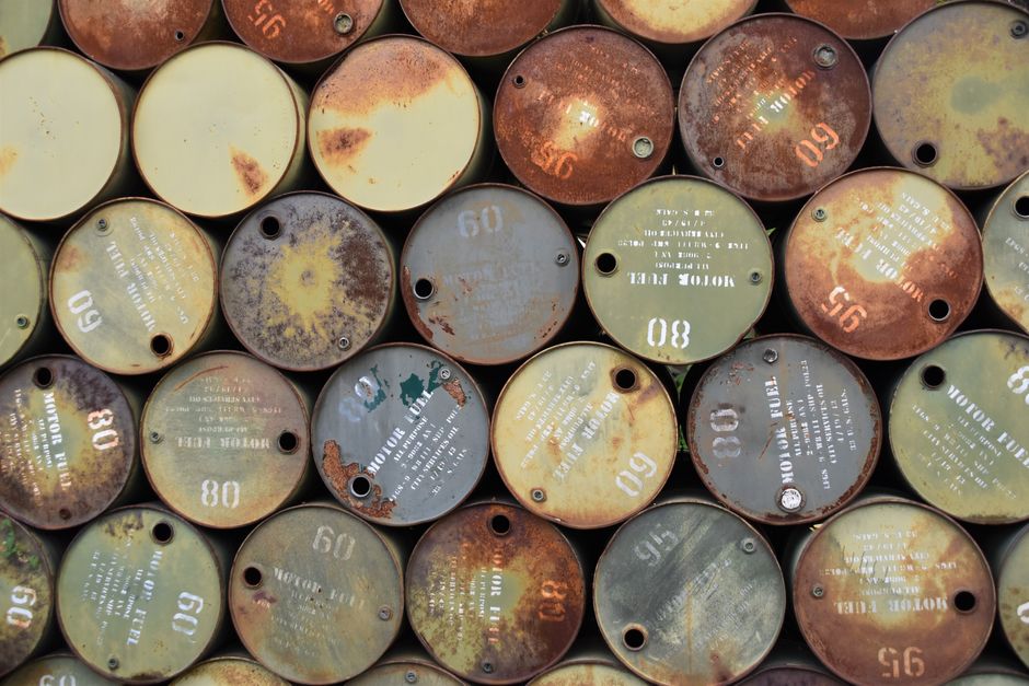 Stacked oil barrels in storage