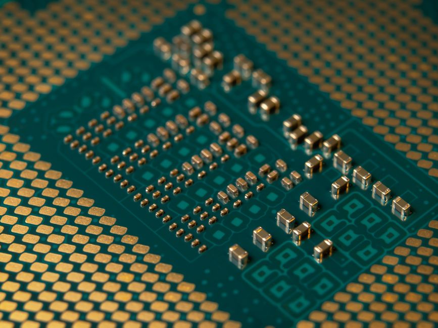 Close-up of a microprocessor circuit board with intricate circuitry