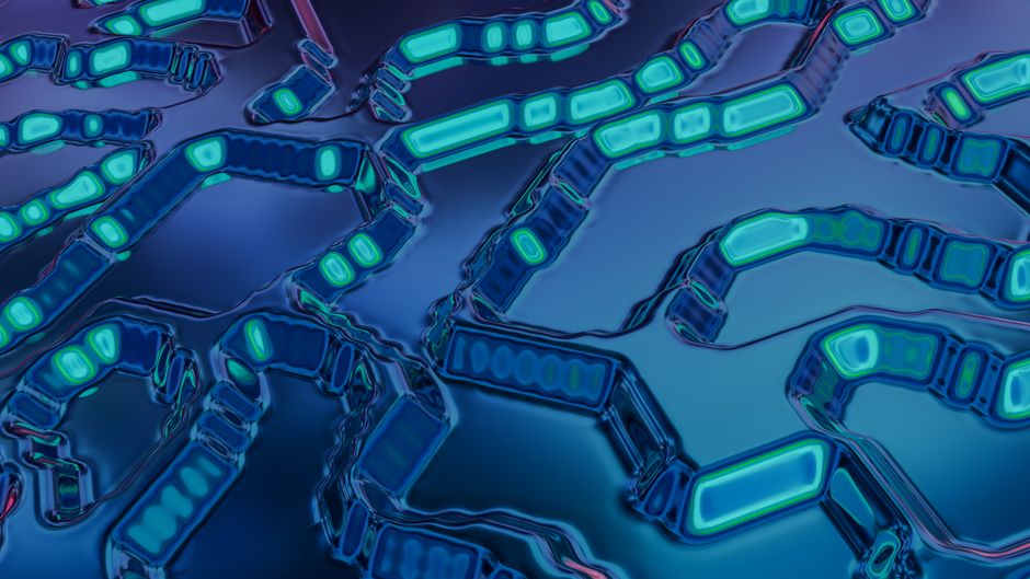 Abstract digital art with blue and teal circuit-like patterns and a futuristic glow