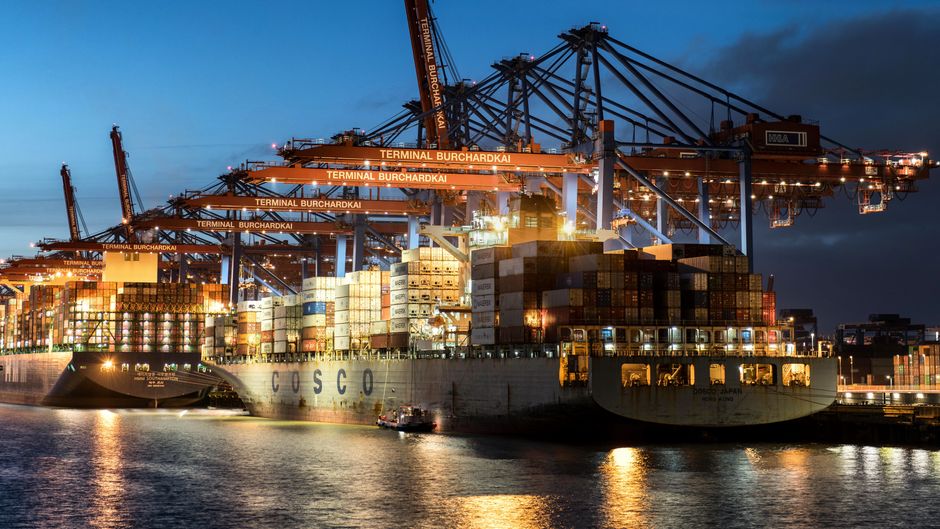 Cargo operations at a major shipping terminal, representing the maritime energy trade exposed to Strait of Hormuz disruption.