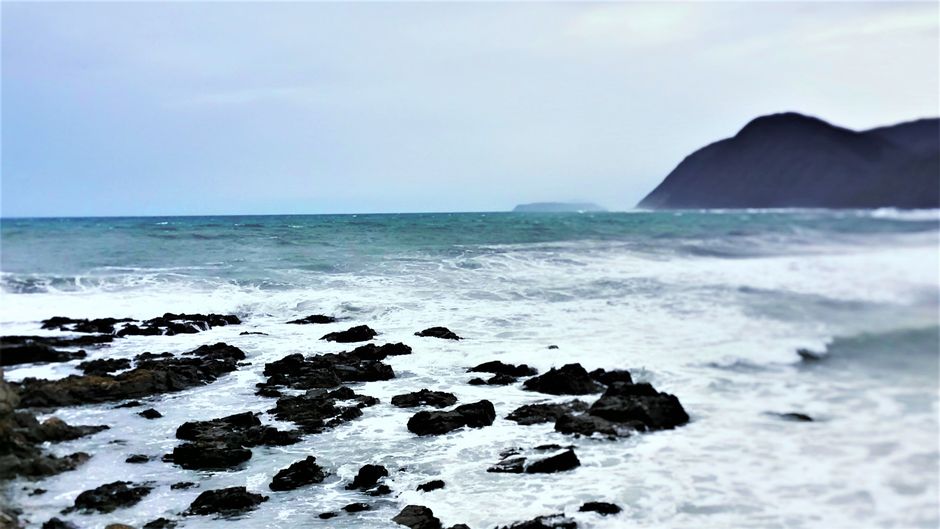 A rugged coastal waterway with waves crashing against rocky shores, seen from above.