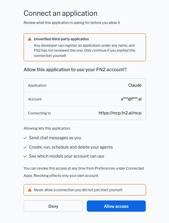 The fn2.ai consent page listing what the application may do, with Deny and Allow access buttons