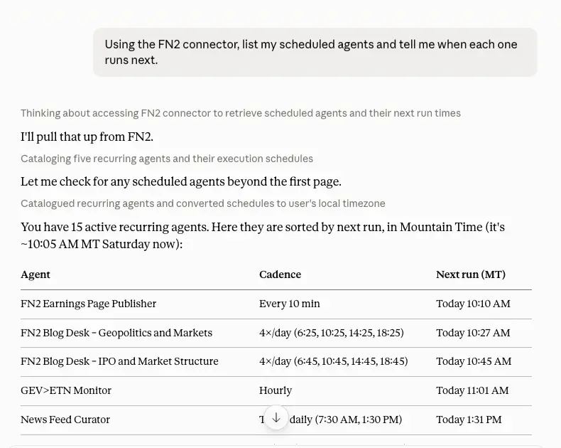 A Claude chat where FN2 tools were called to list scheduled agents, answered with a table of agents and their next runs