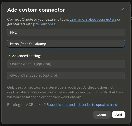 Claude's Add custom connector dialog filled in with the name FN2 and the URL https://mcp.fn2.ai/mcp