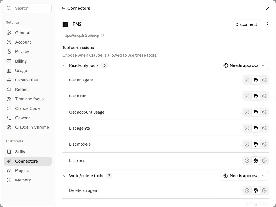 The connected FN2 connector in Claude showing the tool list with per-tool permission controls